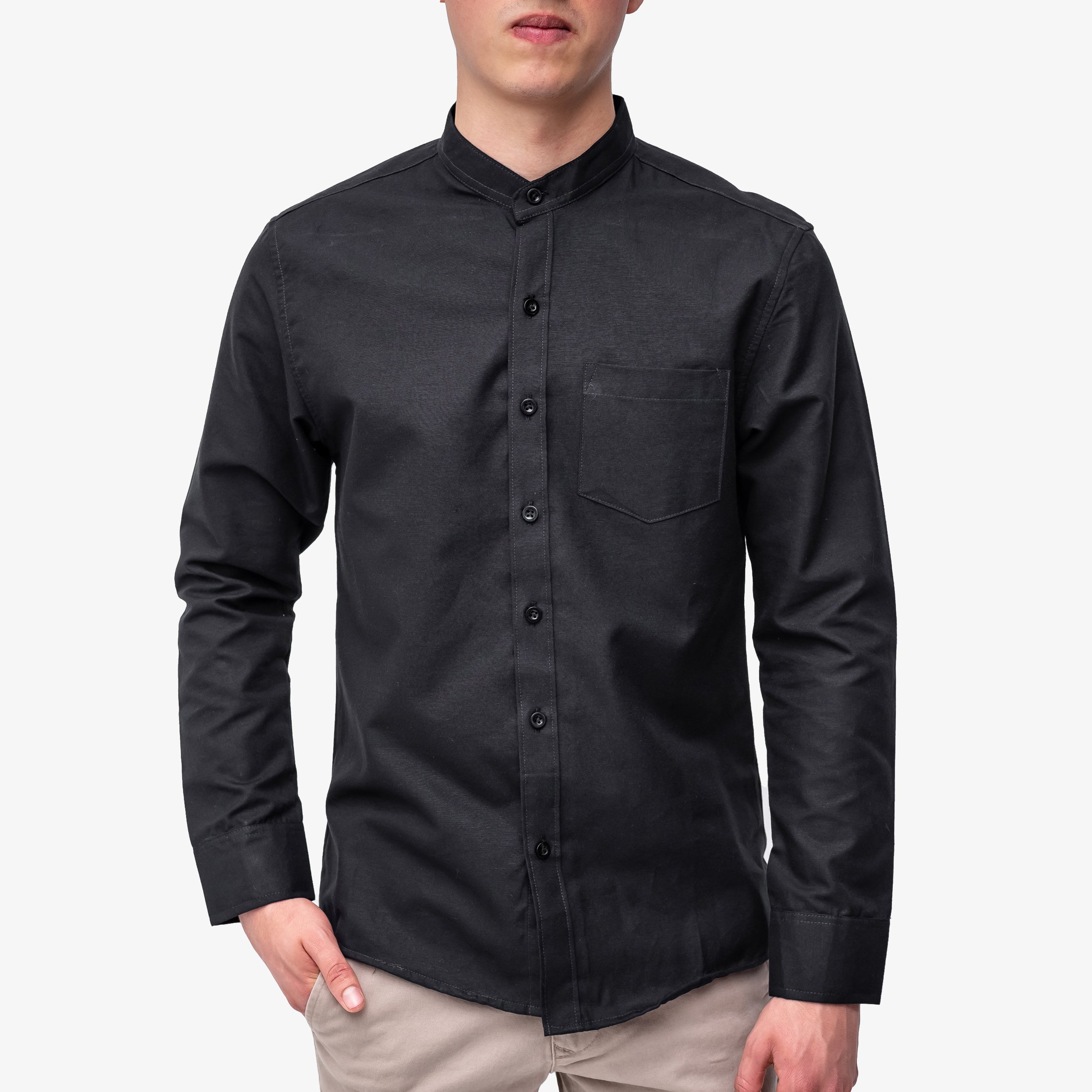 Camisa manga larga/cuello chino Negra – Costa Rica