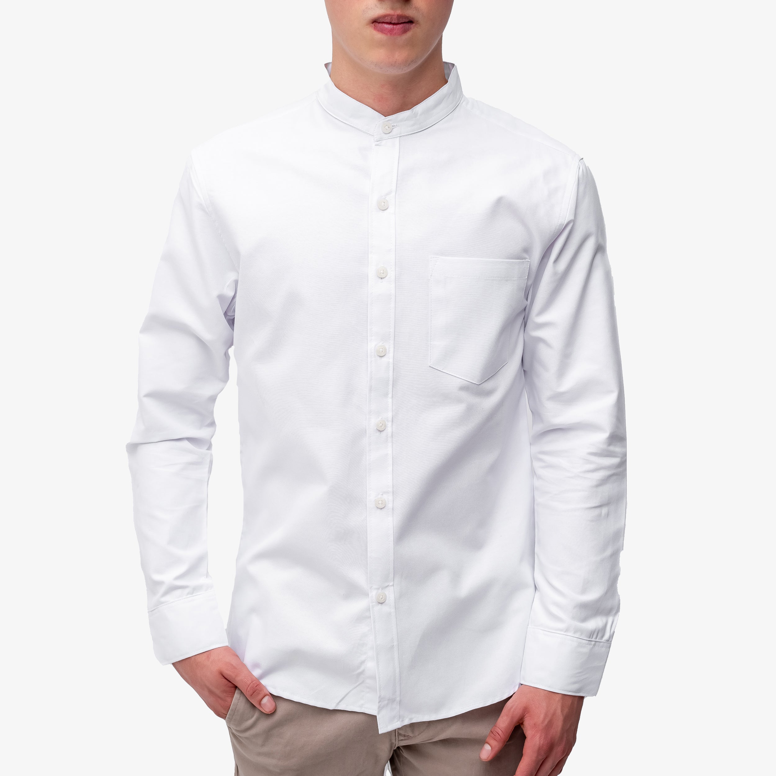 margen sofá parilla Camisa manga larga/cuello chino Blanco – Progresiva Costa Rica